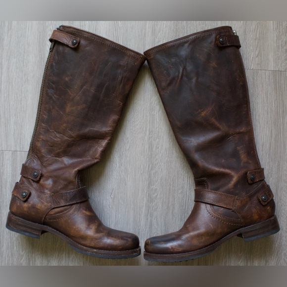 Frye Veronica Back Zip Size 8B Dark Brown Leather Tall Riding Boot